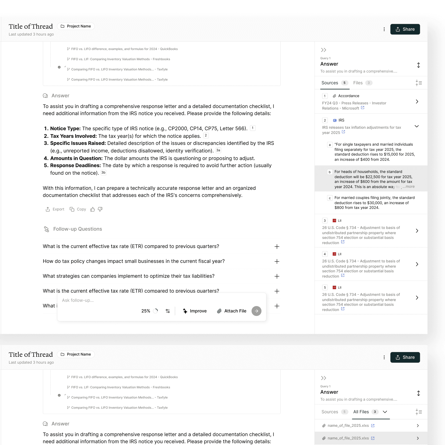 A research thread with inline citation markers and the expanded sources panel