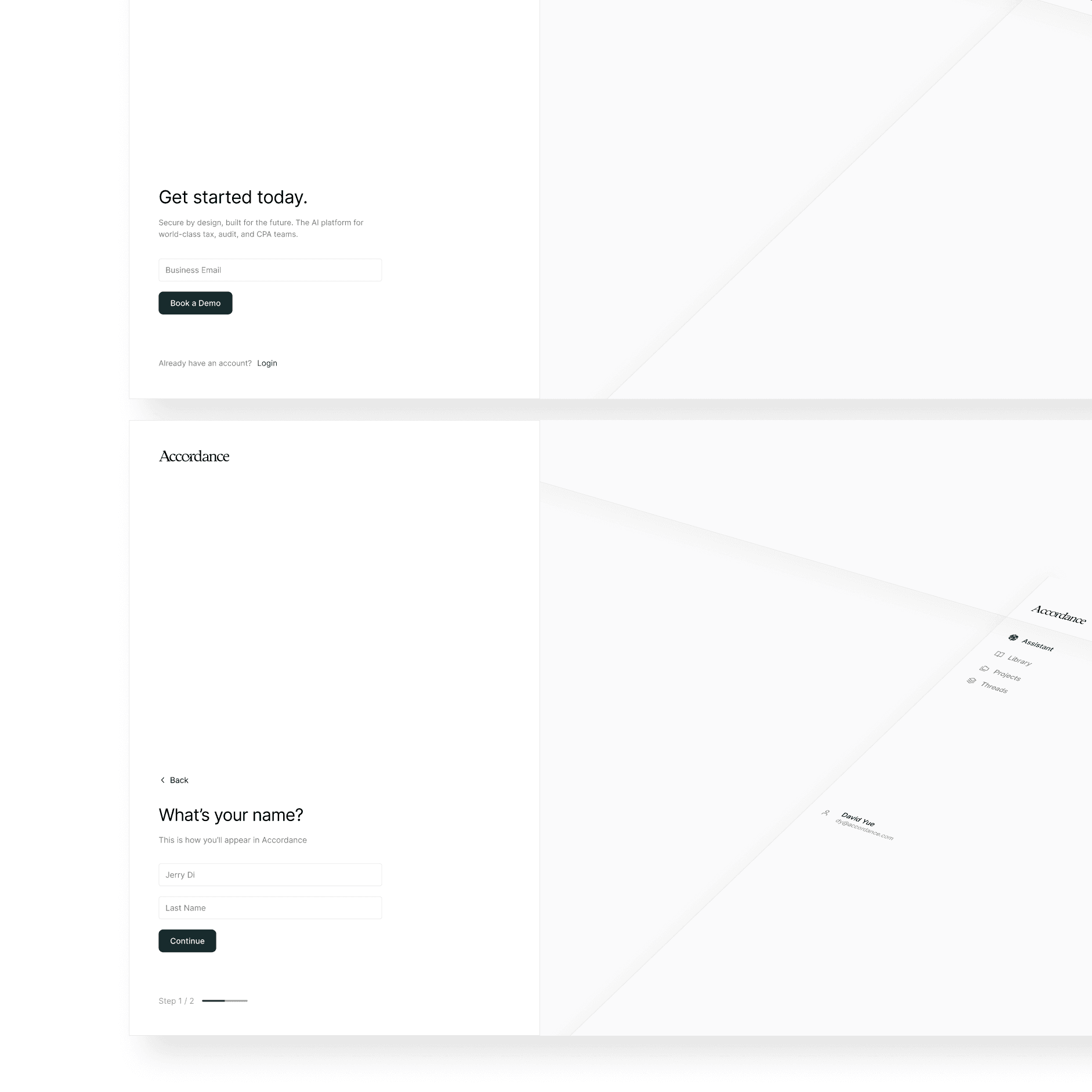 Redesigned Accordance onboarding: the Get started and What's your name steps