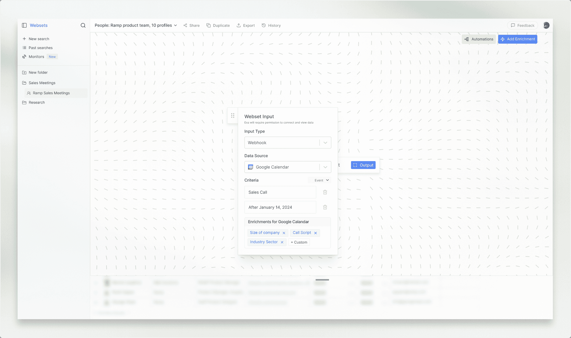 Configuring a Google Calendar webhook automation in Webset Workflows