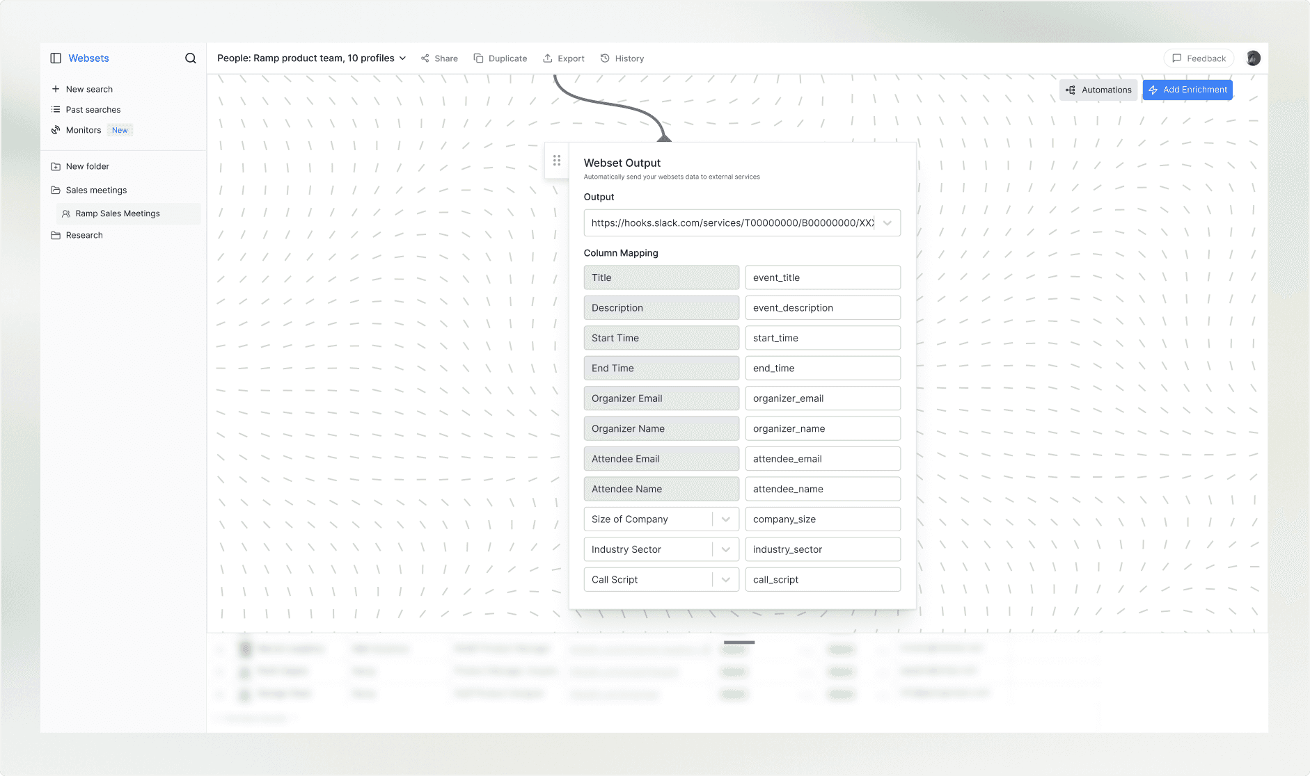 Specifying the webset output destination and enrichment columns