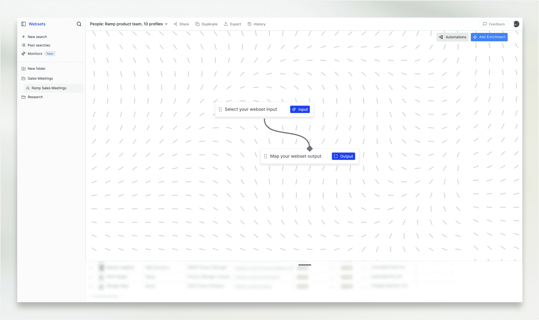 The drag-and-drop Webset Workflows automations panel