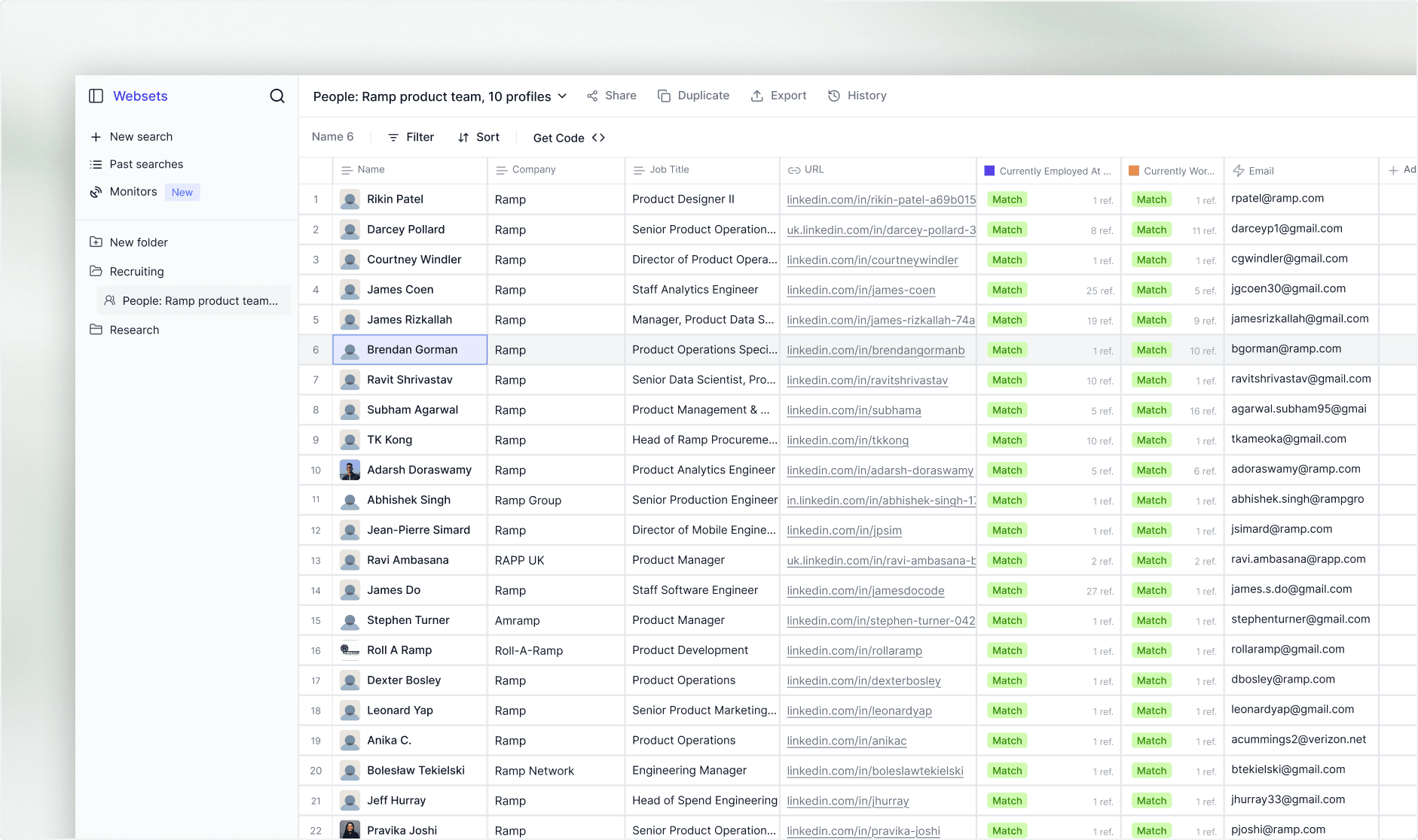 The Exa Websets interface showing an enriched, spreadsheet-style list of companies