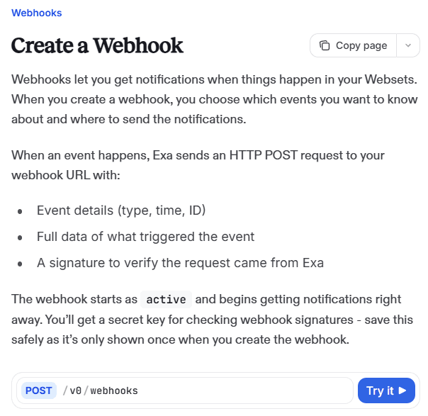 Exa webhooks documentation page