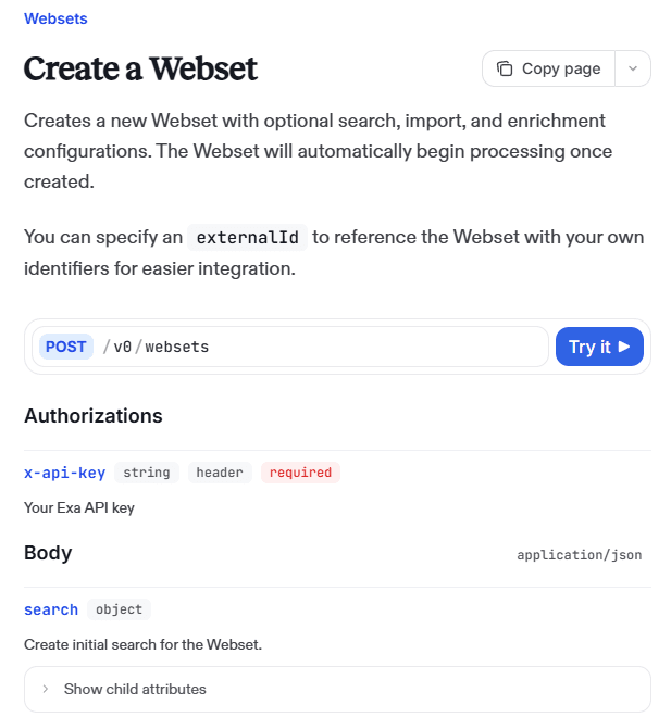 Exa Websets API documentation page