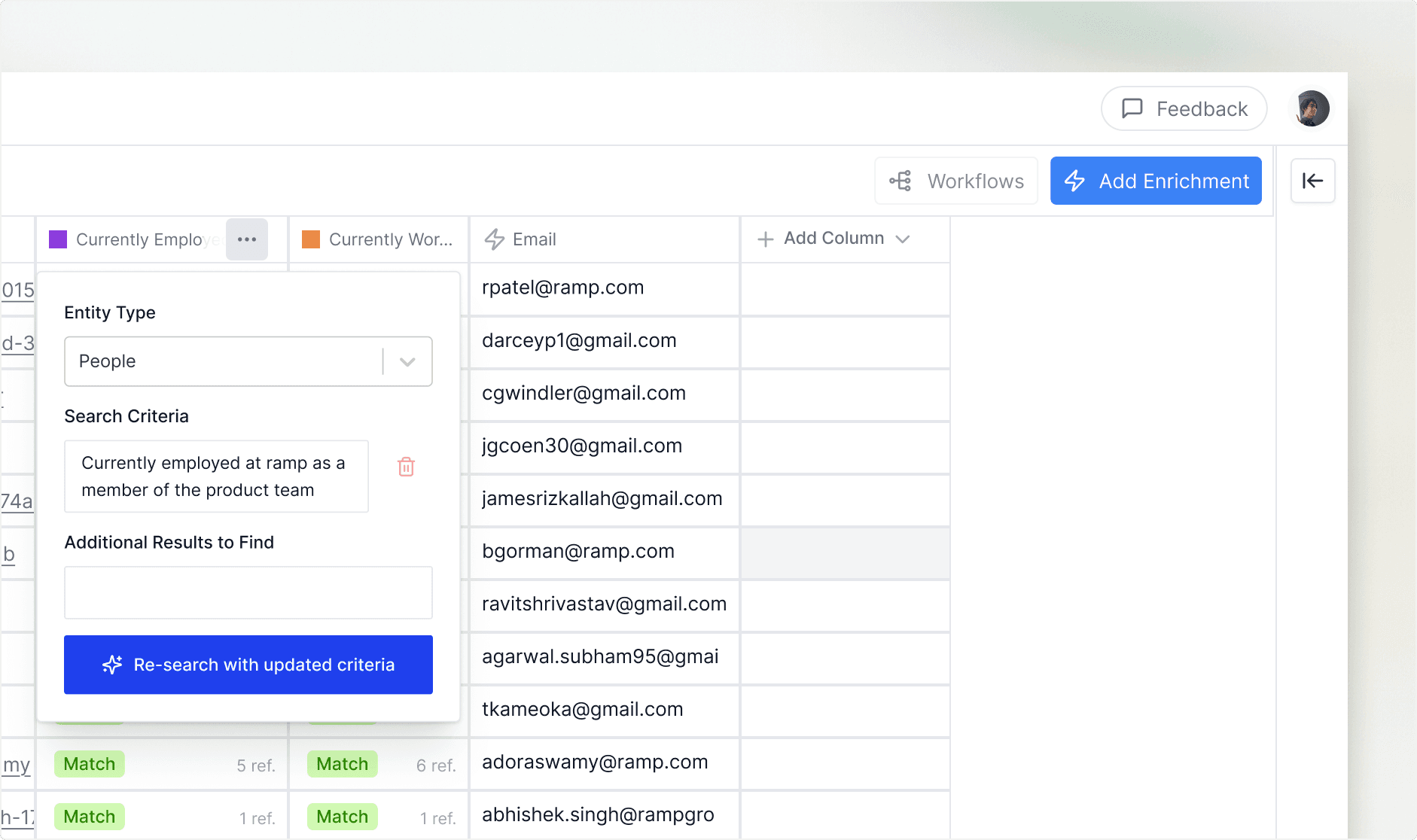 Editing and rerunning search criteria directly in the spreadsheet