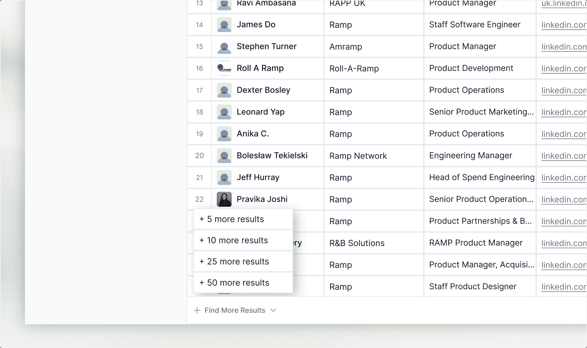 A 'find more results' dropdown added to the results table