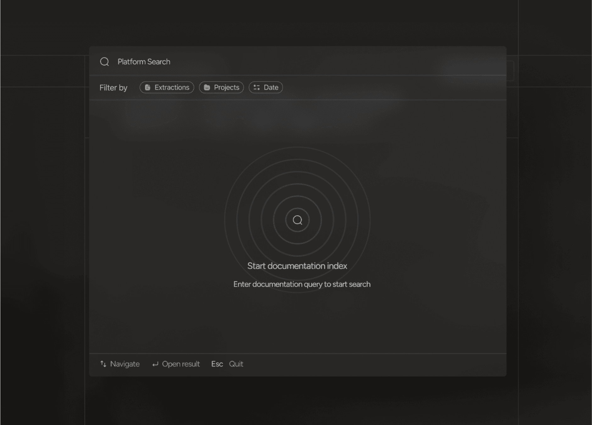 The keyboard-first platform search palette with filters for extractions, projects, and dates