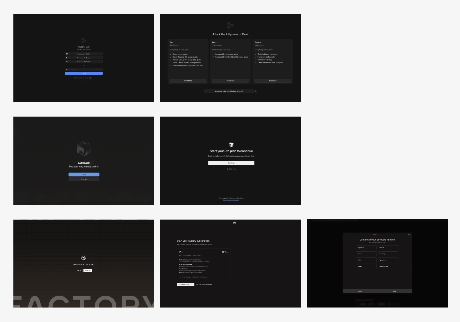 Onboarding screens from Devin, Cursor, and Factory: mostly signup and pricing.